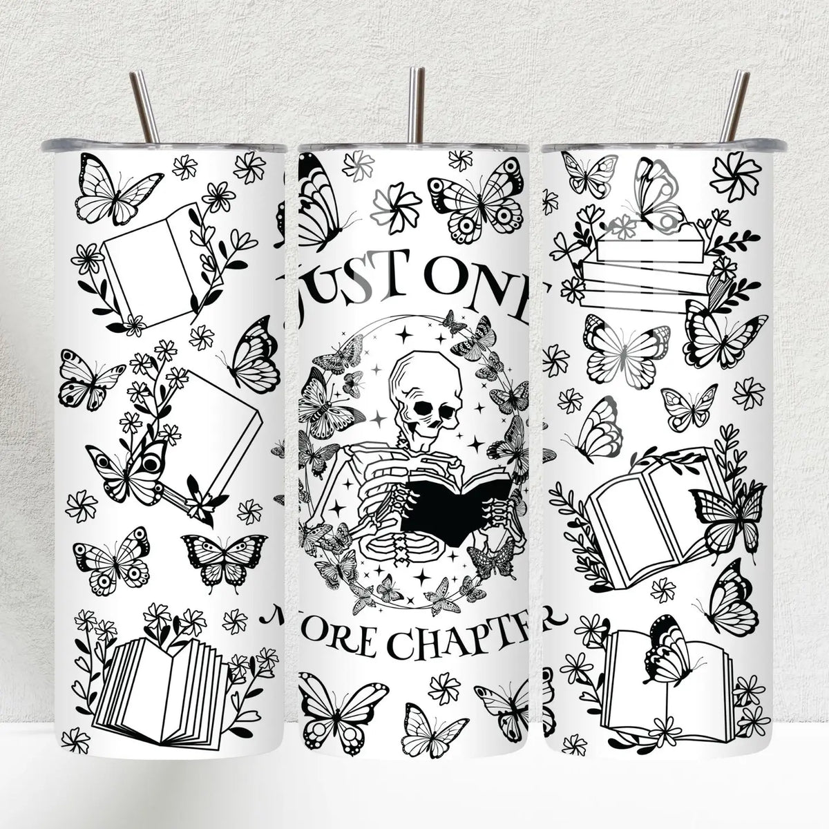 Just One More Chapter Skeleton Books Skinny Tumbler