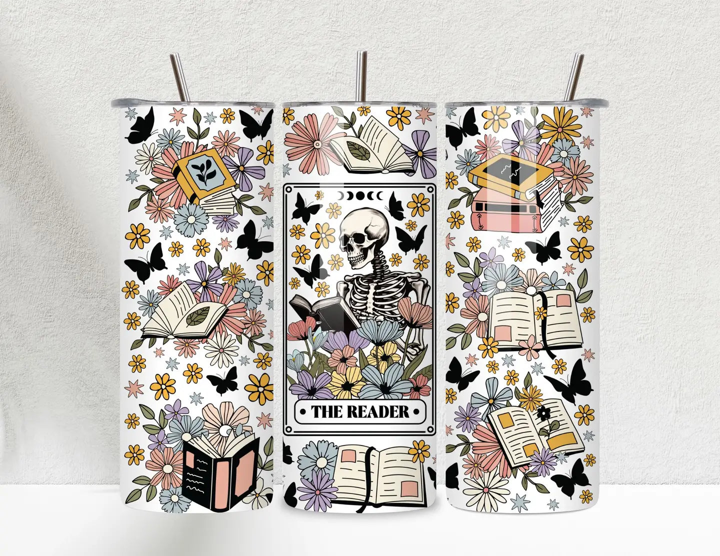 The Reader Tarot Skeleton Books Skinny Tumbler